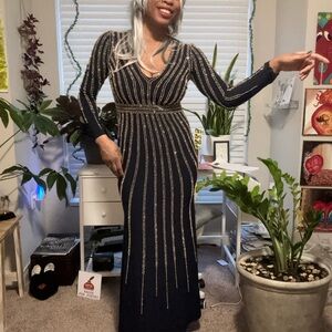 Xscape Navy and Gold Long Sleeve Dress